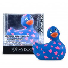 Синий вибратор-уточка I Rub My Duckie 2.0 Romance с розовым принтом (Big Teaze Toys 27378)