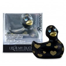 Черный вибратор-уточка I Rub My Duckie 2.0 Romance с золотистым принтом (Big Teaze Toys 27380)