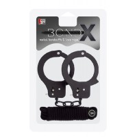 Чёрные наручники из листового металла в комплекте с веревкой BONDX METAL CUFFS LOVE ROPE SET (Dream Toys 20870)